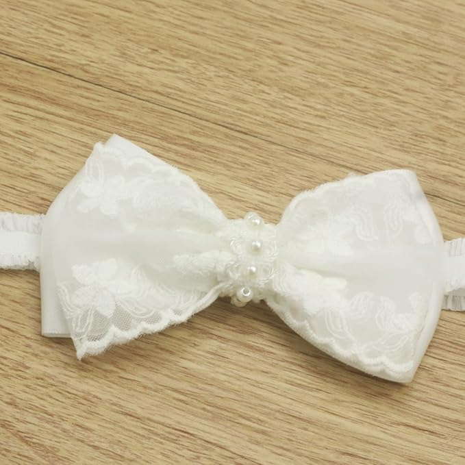 White Baby Bow Headband for Baptism Christening Satin Lace Hair Band with Cross for Toddler (Embroidery Lace +pearl white bow-3, 0-6 months)