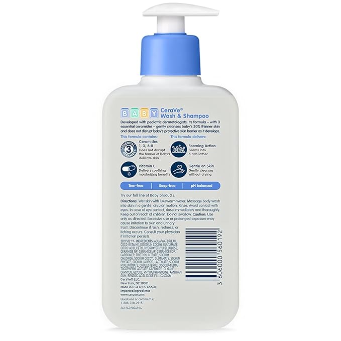 CeraVe Baby Wash & Shampoo, Fragrance, Paraben, & Sulfate Free Shampoo for Tear-Free Baby Bath Time, 8 Ounce
