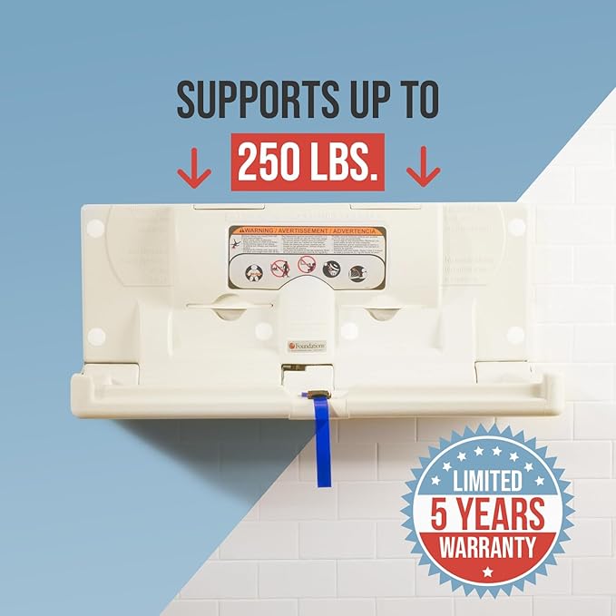 Foundations Classic Horizontal Baby Changing Station w/EZ Mount Backer Plate, Surface Mount, One Handed Adjustable Safety Strap & Liner Dispenser, Cream (5211089)