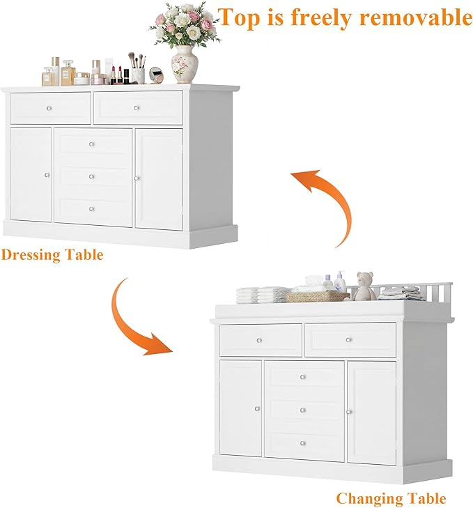 46“ Baby Dresser with Changing Table Top, White Dresser with Storage Drawers and Doors for Nursery, Multifunctional Nursery Baby Changing Table Dressers, Diaper Station Cabinet for Kids Room