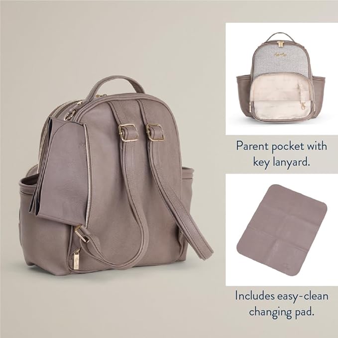 Itzy Ritzy Mini Diaper Bag Backpack – Chic, Compact Mini Plus Backpack with Changing Pad, 10 Pockets (6 Internal, 4 External), Grab-Top Handle & Rubber Feet (Vanilla Latte)
