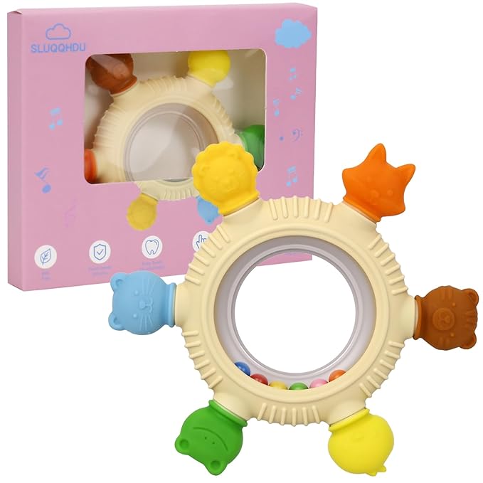 Baby Teething Toys for 0-6 Months,Babies Rattle Teether Sensory Toy for Baby 6-12 Months,Ring Teether Infant Toys for Babies 0-24Months,BPA Free Babys Chew Toys Newborn Infant Toys Gifts