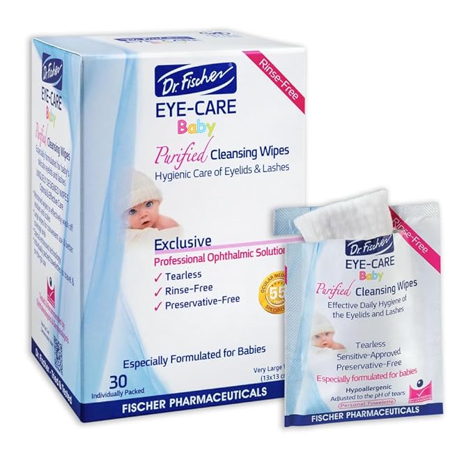 Purified, Non Irritating, Tear Free, Hypoallergenic & Sensitive Approved Baby Eyelid Wipes by Dr. Fischer – Pre-moistened, Rinse Free and Pediatrician Recommended - (30)