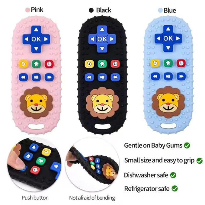 Baby Teething Toy, Soft TV Remote and Game Controller Shape Chew Set, Educational Toy for Intellectual Development, Safe Silicone for Toddler and Infant (Pink (Panda Handle + Lion Remote Control))