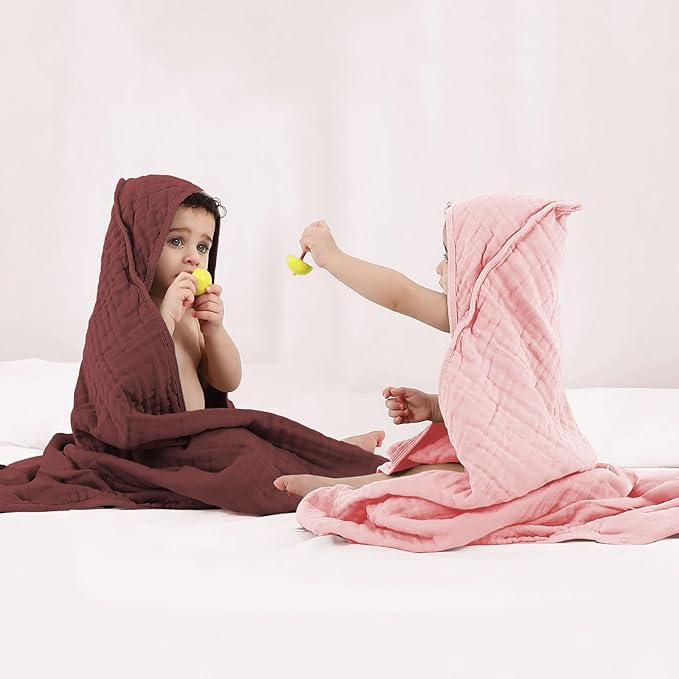 Hooded Baby Towels for Newborn, Absorbent 100% Cotton Muslin Baby Bath Towel for Boys and Girls, Baby Towels with Hood for Babies (WineRed & Pink & White)