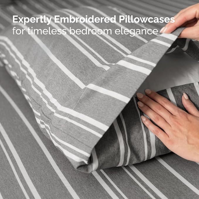 Flex Top Split Head King 4 Piece Sheet Set - Comfy Breathable & Cooling Bed Sheets Set - Hotel Luxury Bedding for Women, Men, Kids, Teens, Boys & Girls - Deep Pockets, Soft - Oeko-Tex - Grey Stripes