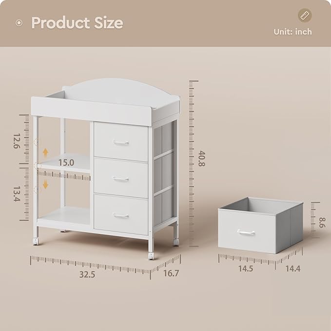 Changing Table Dresser, Baby Dresser with 3 Fabric Drawers and 2 Shelves, Multi-Functional Baby Changing Table with Pad, Classic Nursery Dresser, Diaper Changing Station for Nursery, White