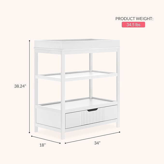 Dream On Me Ivy Baby Changing Table – Compact Modern Changing Station with Spacious Drawer & 2 Open Shelves, New Zealand Pinewood, Easy-to-Clean Non-Toxic Finish, Space-Saving Nursery Storage – White