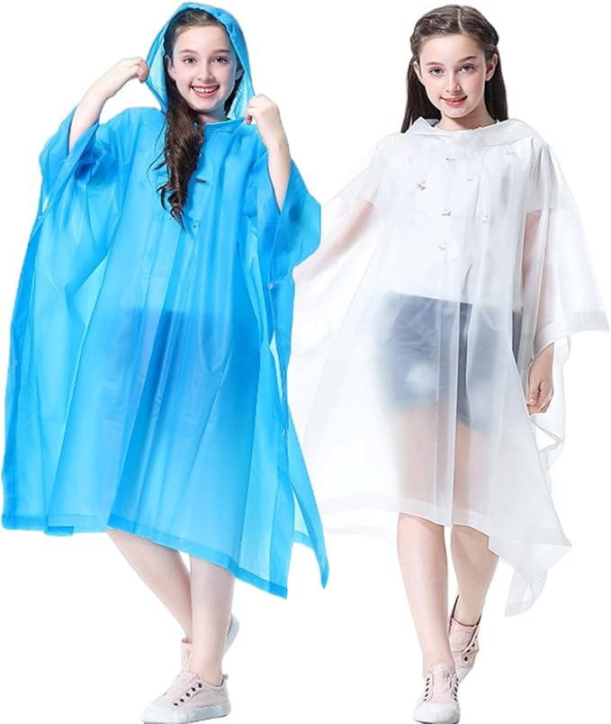 Rain Poncho for Kids (2 Pack), Reusable EVA Children Raincoat Ponchos Rain Jacket with Hood for 6-14 Girls Boys