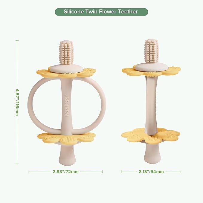 haakaa Silicone Twin Flower Teether,Nipple-Shaped End for Gum Massage,360° Baby Toothbrush Head for Self-Brushing Training,Easy to Grip -Mango