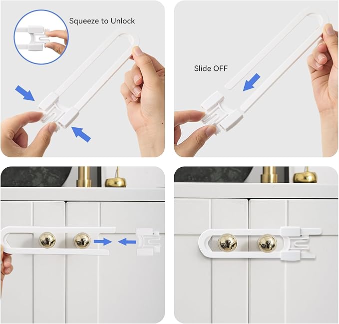 8 Pack Baby Sliding Cabinet Locks - Safeasy Adjustable U Shaped Child Safety Locks,Childproof Latches for Kitchen Bathroom Storage Cupboards Doors, Handles and Knobs (white, 8)