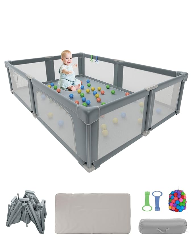 Baby Playpen, 73" x 61" Large Foldable Playpen with Mat for Babies and Toddlers, Play Pen with Soft Breathable Mesh, Ocean Balls and Pull Links, Baby Playard for Indoor & Outdoor, Gray