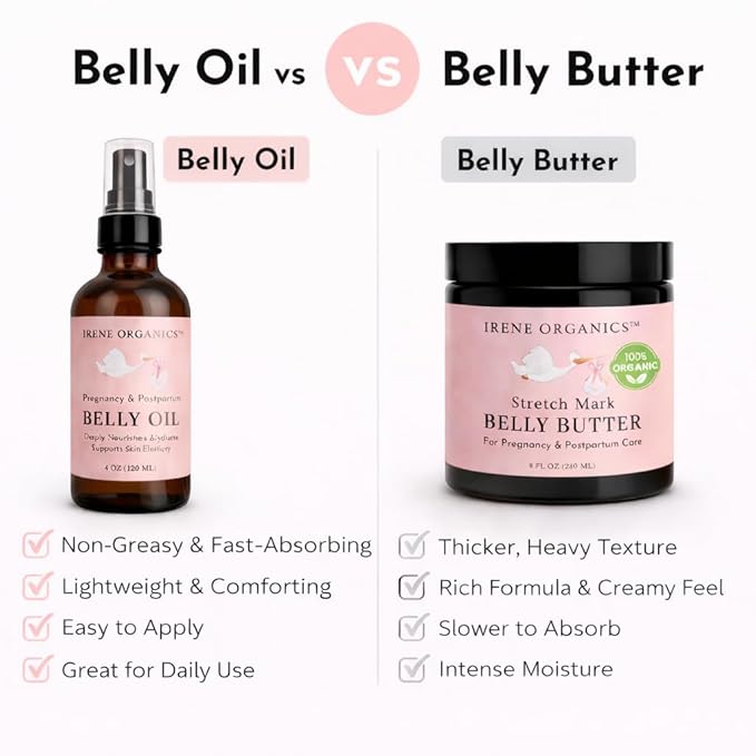 Irene Organics Organic Belly Oil for Pregnancy & Postpartum – Lightweight, Non-Greasy Stretch Mark Support Oil – Hydrating Vitamin E Bump Serum, Unscented & Pregnancy Safe