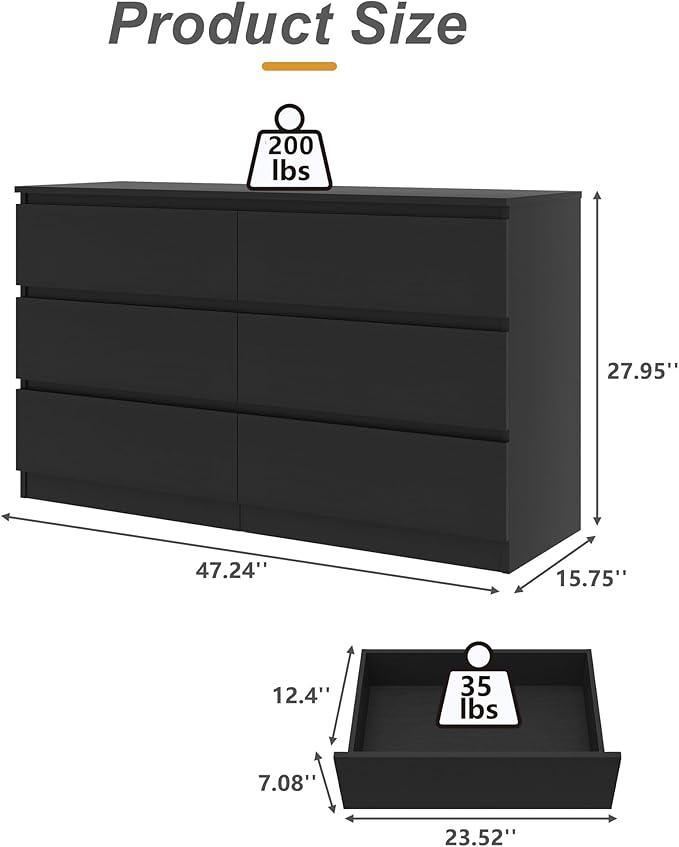 Black Dresser for Bedroom, Modern 6 Drawer Dresser with Deep Drawer,Wide Chest of Drawers, Bedroom Storage Organizer Furniture,TV Stand for Living Room