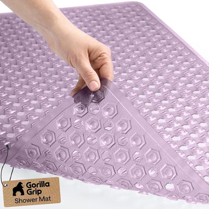 GORILLA GRIP Patented Bath Tub Shower Mat, Machine Washable Bathtub Floor Liner Mats, Suction Cups and Drain Holes to Keep Tubs Clean, Soft on Feet, Bathroom Essentials, 35x16 Inch, Clear Purple