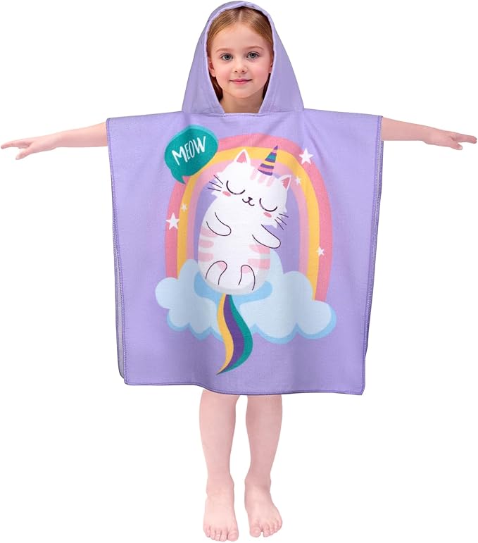 Hooded Kids Beach Towels - Toddler Bath Towel Girls Boys Swim Cover-ups for Ages 1 to 6 Kids Pool Towels Quick Dry Lightweight Soft Microfiber Poncho Towel 24x23(Cat-Purple)