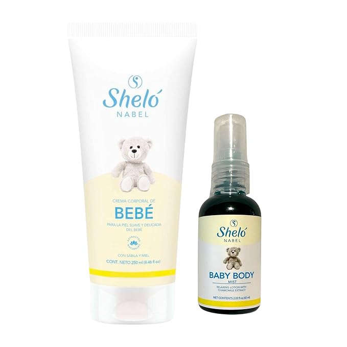 Shelo Nabel Baby Body Lotion and Cream Set, 2.02 fl oz Lotion, 8.46 fl oz Cream, with Chamomile/Set de loción y crema corporal para bebé