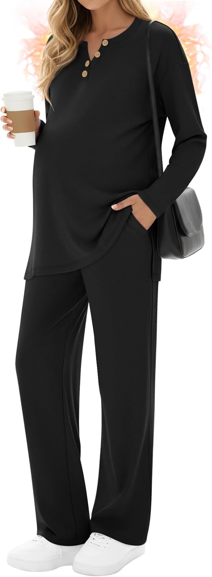 2 Piece Thermal Maternity Lounge Set Postpartum Pregnancy Fleece Loungewear Long Sleeve Top and Wide Leg Pant