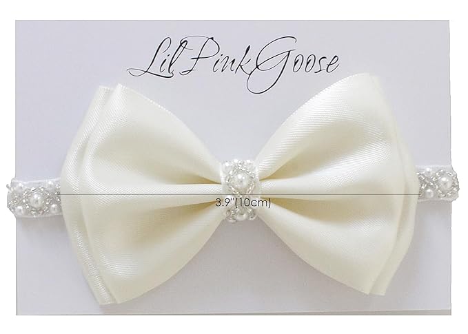 0-12 Newborn Baby Baptism Pearl Headband or Clip with Bow in WHITE Christening Headband with Satin Bow, Pearl Rhinestone Band (Cream(1 Year&up), 1 Count (Pack of 1))