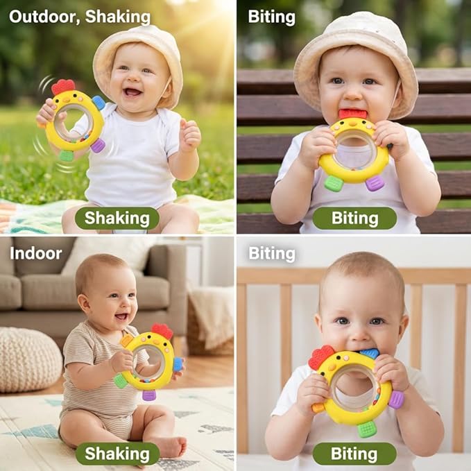 Baby Teether Rattle Toy,Babies Teething Rings Toys for 0-6 6-12 Months,Chicken Shape Textured Silicone Chew Toy for Gum Relief,Silicone Teether,BPA Free Baby Chew Toys Newborn Accessories