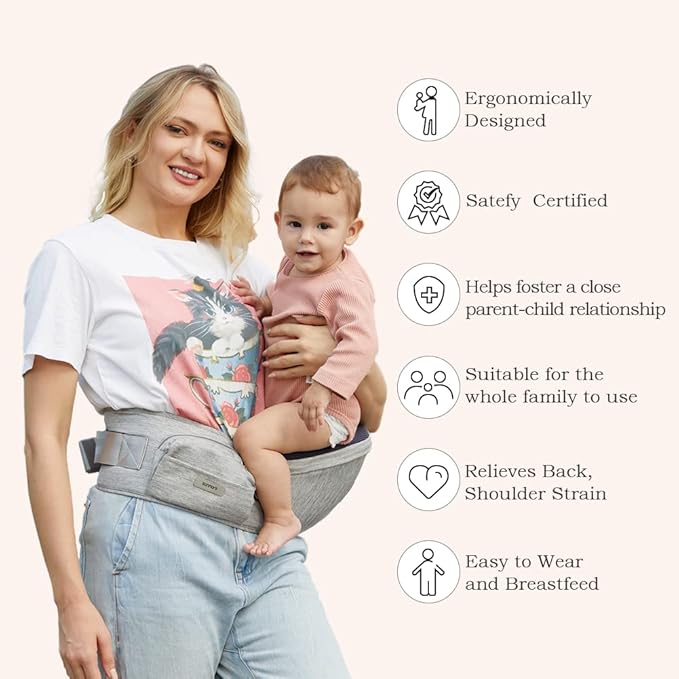 Baby Carrier Hip Seat with Adjustable Strap and Pocket, Ergonomic Hip Holder for Newborns & Toddlers (Light Grey)