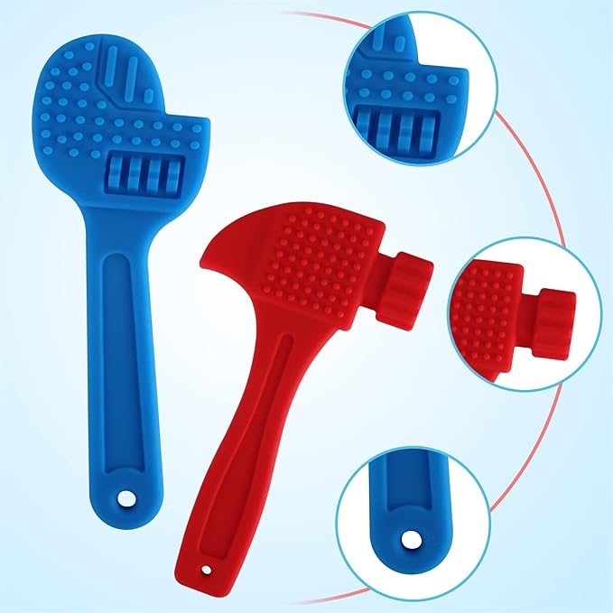 Fu Store 2 Pack Soft Silicone Teething Toys for Toddlers Hammer Spanner Tools Shape Baby Teethers Relief Soothe Babies Gums Set