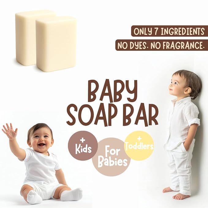 Fragrance Free Baby Bar Soap for Sensitive Skin | Unscented Natural soap bar for toddlers kids adults with gentle skin | Organic ING | Made in USA | 2 Bars