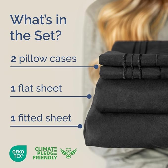 Full XL Bed Sheet Set - 4 Piece Extra Long Extended Full XL Sheets - Ultra-Soft, Breathable & Cooling - Fits 8” to 16" Mattress w/ Deep Pockets - 54" x 80" - Easy-Fit, Wrinkle & Fade Resistant - Black