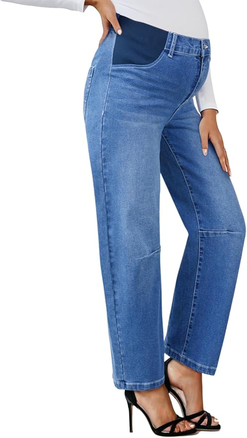 BLENCOT Women's Maternity Jeans Elastic Hight Waist Stretch Barrel Jeans Wide Leg Side Panel Pregnancy Denim Pants