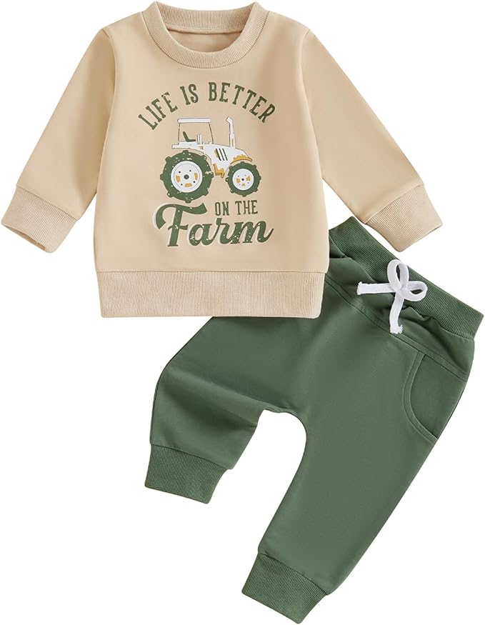 Toddler Baby Boy Fall Winter Outfits Tractor Print Long Sleeve Sweatshirt Pants Set Kids Sweatsuit Clothes