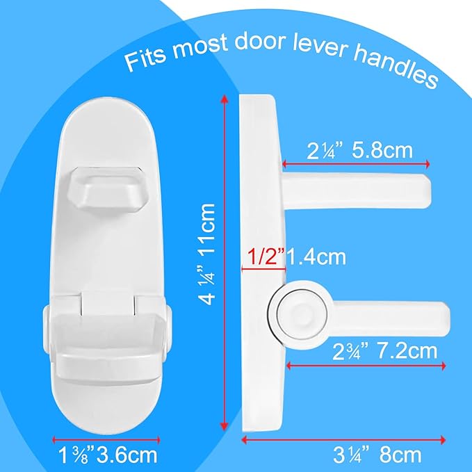Childproof Door Lever Lock Baby safety locks for doors (4 Pack) Improved door safety for kids, 3M Adhesive No Drilling Child Safety Door Handle Lock. Simple Install, No Tools Needed (White, 4)