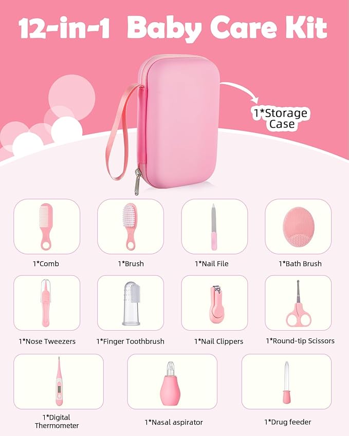 Baby Grooming and Health Kit, Lictin Nursery Care Kit, Newborn Safety Health Care Set with Hair Brush,Comb,Nail Clippers and More for Newborn Infant Toddlers Baby Girls, Pink