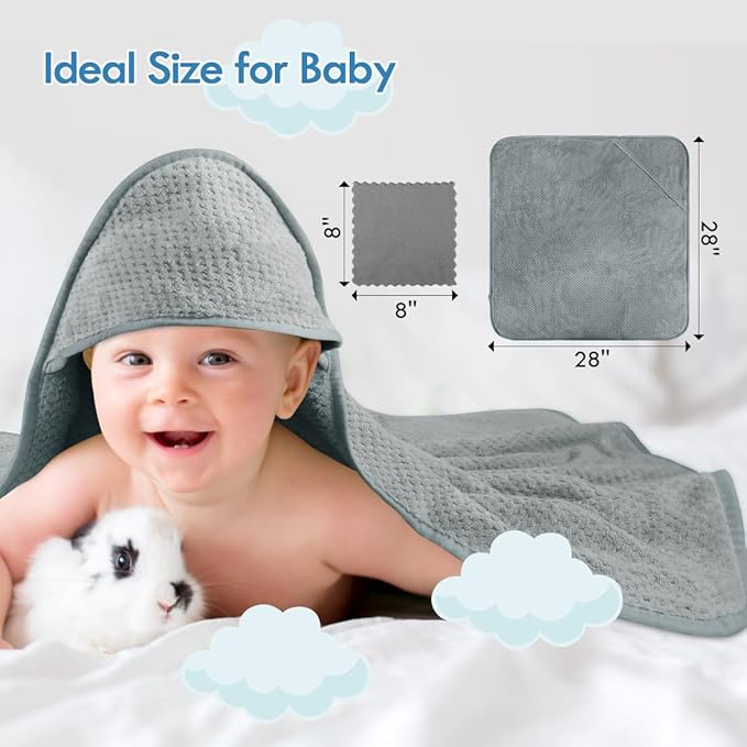 Orighty Baby Hooded Towel with Five Washcloths, 28 x 28 Inch Super Soft Bath Towel with Hood for Babies, Infant, Newborn Essential - Ideal Baby Stuff Registry for Boys and Girls (Grey) (Pack of 2)