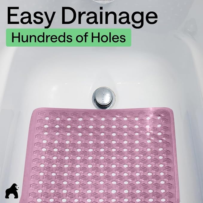 GORILLA GRIP Patented Bath Tub Shower Mat, Machine Washable Bathtub Floor Liner Mats, Suction Cups and Drain Holes to Keep Tubs Clean, Soft on Feet, Bathroom Essentials, 35x16 Inch, Clear Purple