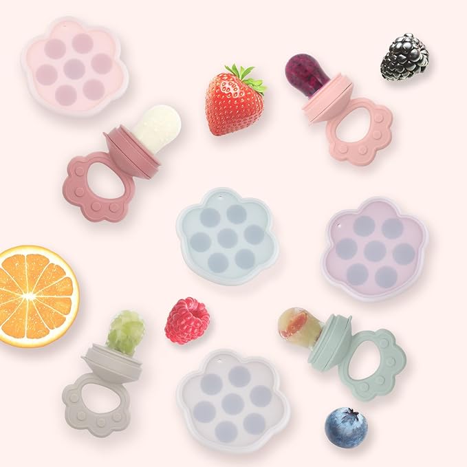 Ginbear Silicone Baby Fruit Food Feeder & Freezer Tray (Set of 2), Infant Teething Feeder Pacifiers with Baby Popsicle Molds Combo 4 Months+ (Hazy Green/Almond)