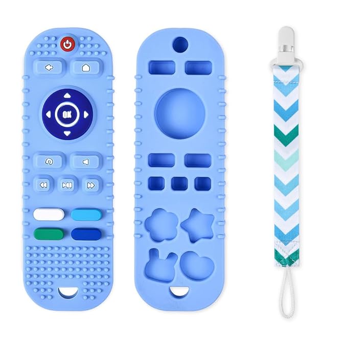 Silicone Baby Teething Toys, Remote Control Shape Teethers Toys with Teething Tubes and Pacifier Clip, Baby Teething Toys for 3 Months+, Remote Teething Toy BPA Free/Freezable/Dishwasher Safe(Blue)