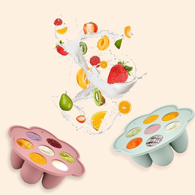 Ginbear Silicone Baby Fruit Food Feeder & Freezer Tray (Set of 2), Infant Teething Feeder Pacifiers with Baby Popsicle Molds Combo 4 Months+ (Hazy Green/Almond)