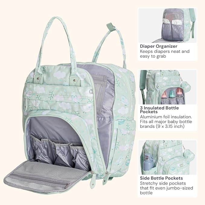 BabbleRoo Diaper Bag Backpack - Baby Essentials Travel Tote - Multi Function Water Resistant Diaper Bag, Travel Essentials Baby Bag with Changing Pad, Stroller Straps & Pacifier Case - Green Birdy | Baby Essentials, Travel Essentials, Baby Bag, with Ch...