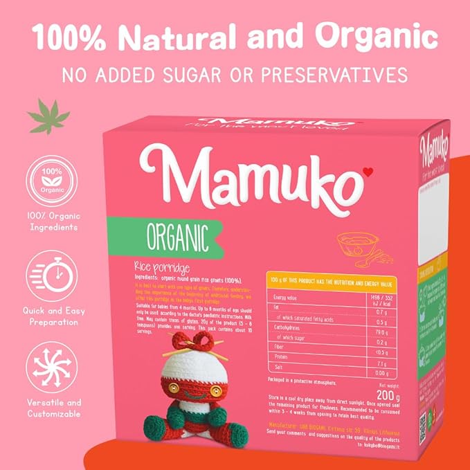MAMUKO Organic Porridge - Rice porridge with No Added Sugar, Milk & Preservatives - High Fiber porridge Developed with EU Experts - Healthy porridge Ideal for Little Ones from 4+ Months - 2 Pack