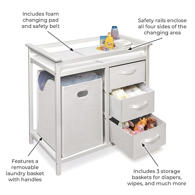 Badger Basket Modern Baby Changing Table - Nursery Furniture with Laundry Hamper and 3 Storage Drawers - Diaper Changing Station with Safety Belt, Changing Pad, and Organizer Baskets - White