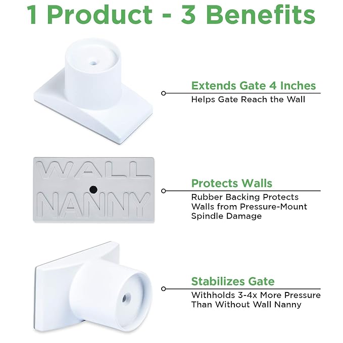 Wall Nanny Extender -4 Inch Baby Gate Extension Guard (Made in USA) Extends Pressure Mounted Gates - Protects Walls, Stabilizes Gate, for Child, Pet Gate & Dog Gate, Protector Works on Stairs, 4 Pack
