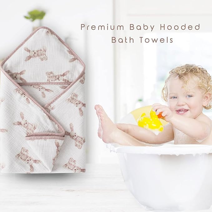 Little Jump Muslin Hooded Baby Bath Towels - 2 Pack 100% Cotton Towel for Babies, Infants, Toddlers - 32x32Inch - Highly Absorbent and Newborn Essential (Bunny)