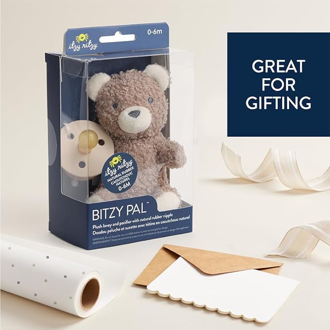 Itzy Ritzy Pacifier & Lovey Set – Natural Rubber Paci with Stuffed Animal Lovey – Detachable Plush Bear Pacifier Holder & Coordinating Natural Rubber Soother, Ideal for Ages 0-6 Months (Bear)
