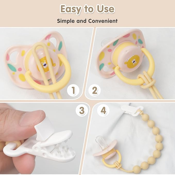 Pacifier Clips Silicone, 4-Pack Pacifier Holder Clip with Stylish Round Design, 100% Food Grade Silicone, Safe Essentials for Newborns Baby Boys and Girls