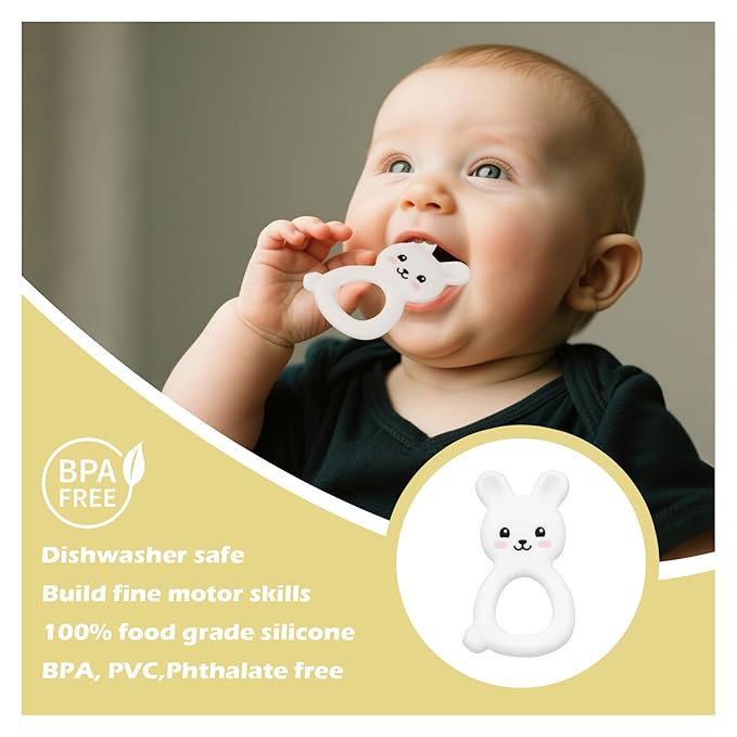 Baby Bunny Teether, Food-Grade Silicone Toy for Infants 3–12 Months, Easy-Grip Chew Toy with Textured Ears for Sensory Exploration, Freezable & Dishwasher Safe (White)