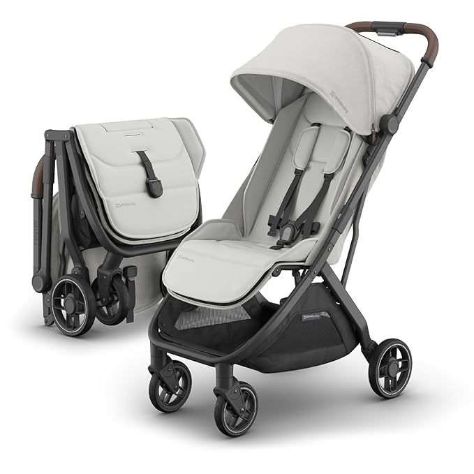 UPPAbaby Minu V3 Travel Stroller | Lightweight + Compact Design | One-Hand Fold + Unfold | from Birth + Overhead Compatible | Savannah (Pearl Gray Mélange/Carbon Frame/Chestnut Leather)