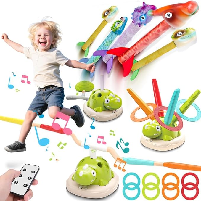 Aliex 3 in 1 Dinosaur Musical Jumping, Toss Ring and Stomping Launch Rocket Launcher, Indoor & Outdoor Sports Toys with Remote Control for Kids Ages 3-8 4-6,Active Outside Toy Gift for Boys and Girls