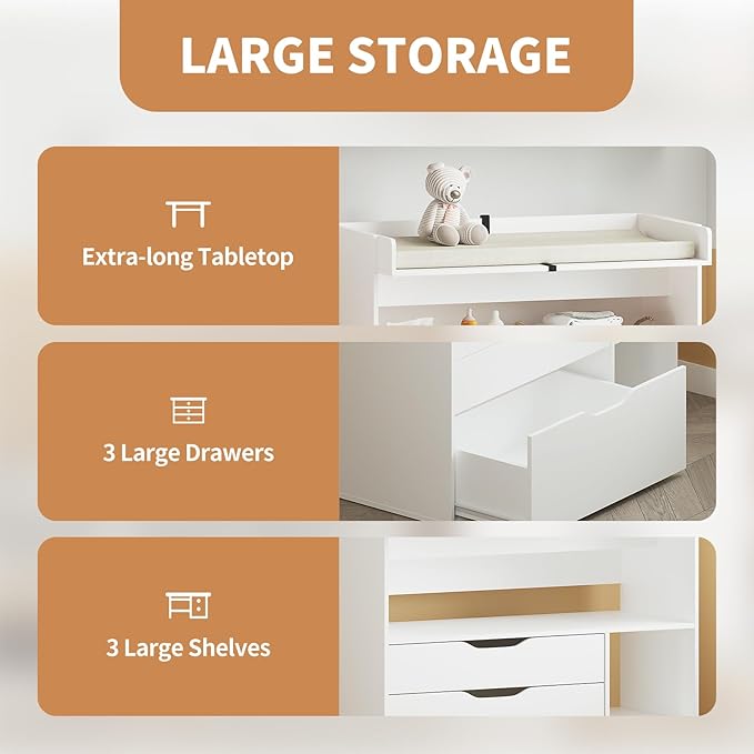 Pipleo Baby Changing Table Dresser with 3 Drawers and 3 Storage Shelves, Can be Used as a Baby Dresser with Changing Table Top, a Baby Changing Station, a Wood Diaper Changing Station (White)