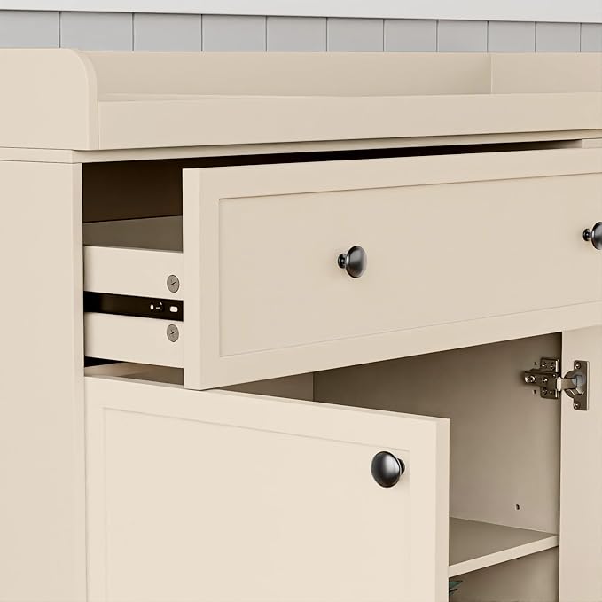 UbabyNest Wide Baby Changing Table Dresser with 2 Doors, 2 Different Size Drawer&Storage Cubbies, Durable Wood Construction, Built-in Shelves of Ample Storage for Nursery (Beige)