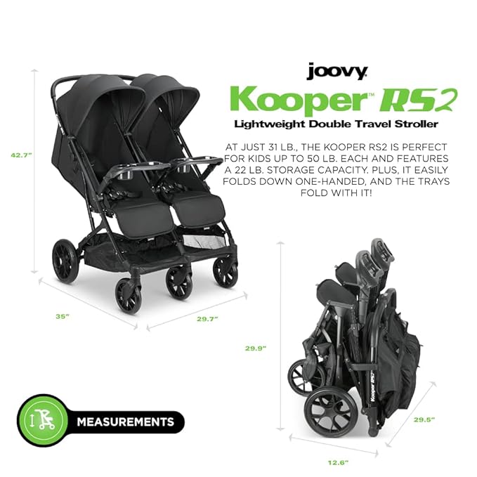 Joovy Kooper RS2 Lightweight Travel Double Stroller Featuring Dual Snack Trays, One-Handed Fold, Multi-Position Reclining Seats, Adjustable Leg Rests, and 2 Zippered Pockets for Storage